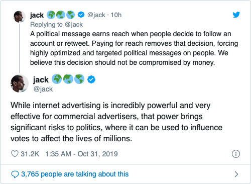 Jack Dorsey tweets about Political agenda