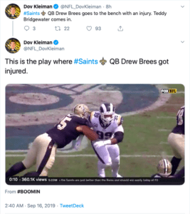 Brees lost his starting quarter after a hit on the hand from Rams defensive tackle.