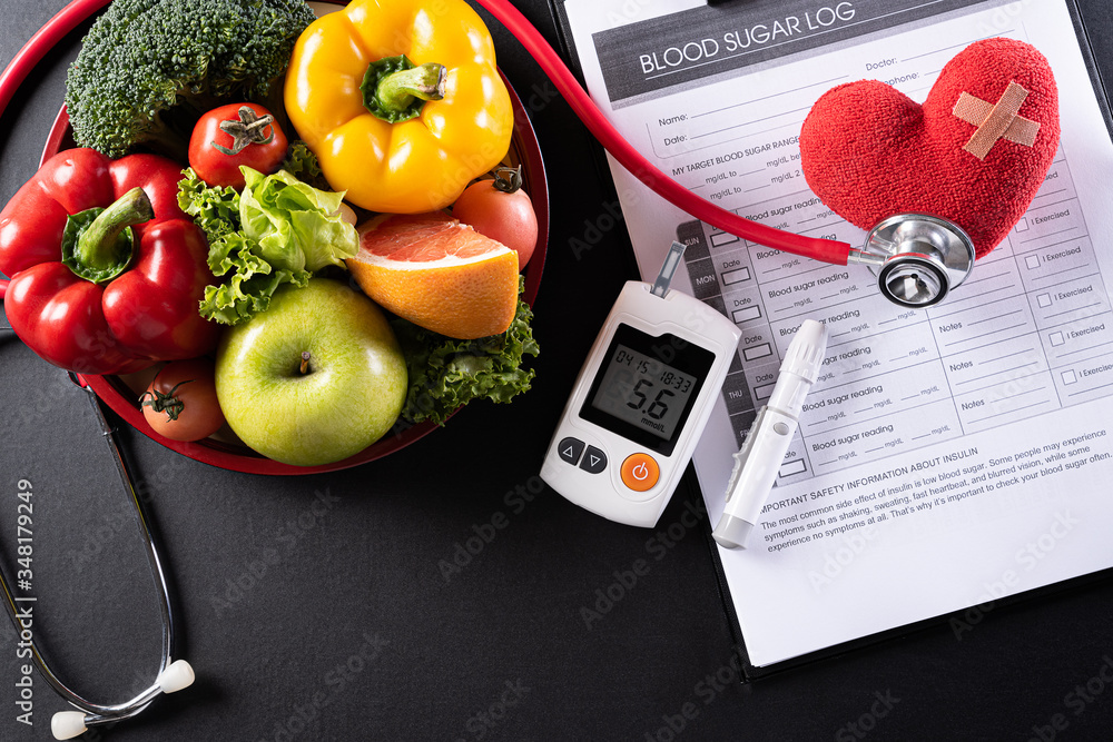 blood sugar control, diabetic measurement, and healthy food eating nutrition