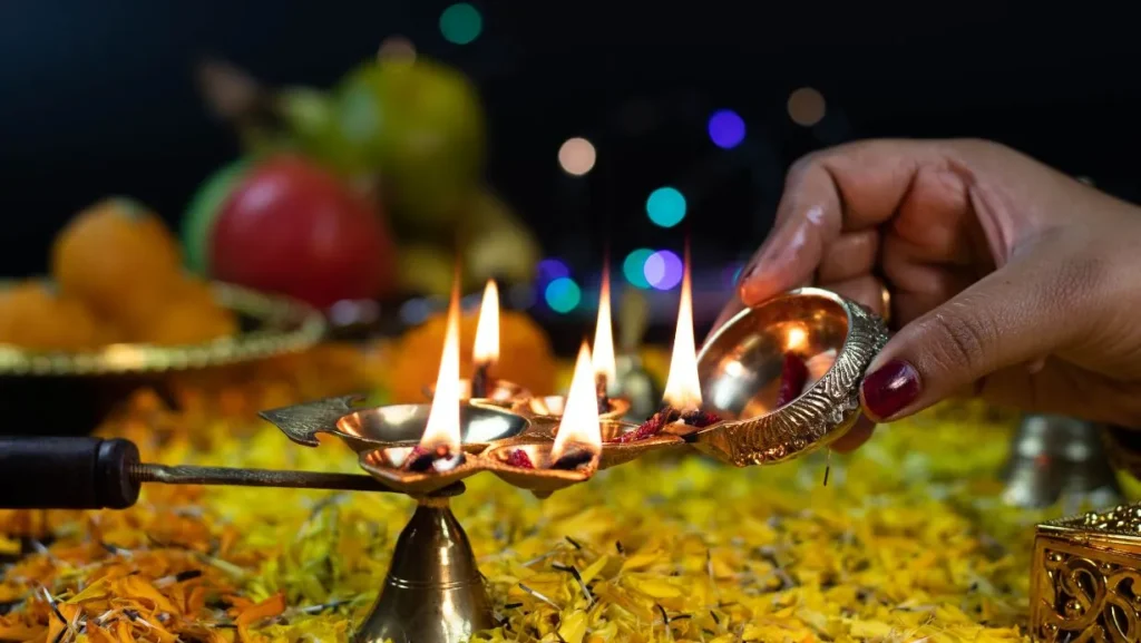 A mesmerizing image of a Diwali puja, capturing the divine ambiance and the aura of spirituality.