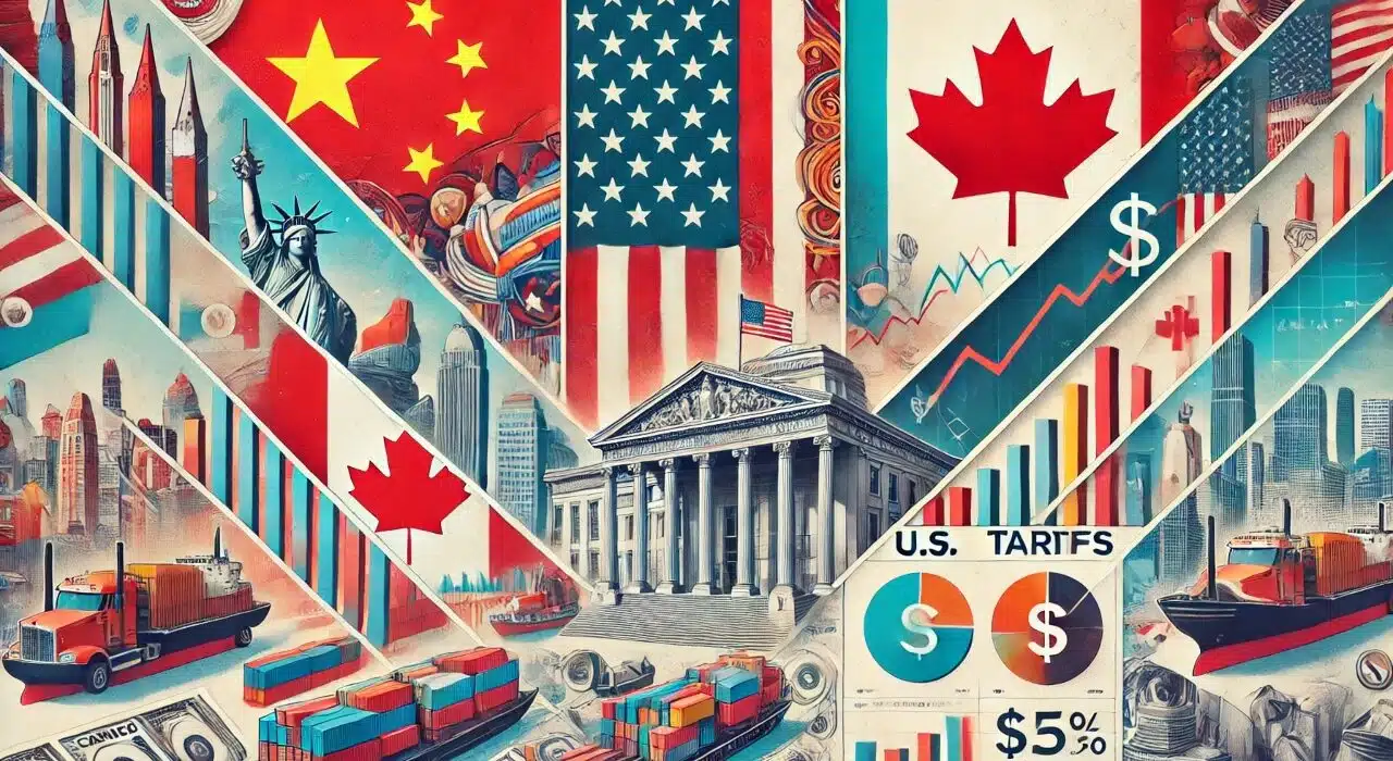 can u generate one collage based image, one side of collage shall show flags of china, Canada, and Mexico, while other side shall portray my story, that's about US imposes tariffs on these countries. rectangle, horizontal image