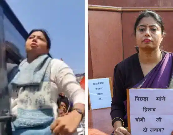 SP MLA Pallavi Patel detailed in Lucknow while protest against Karni Sena's attack