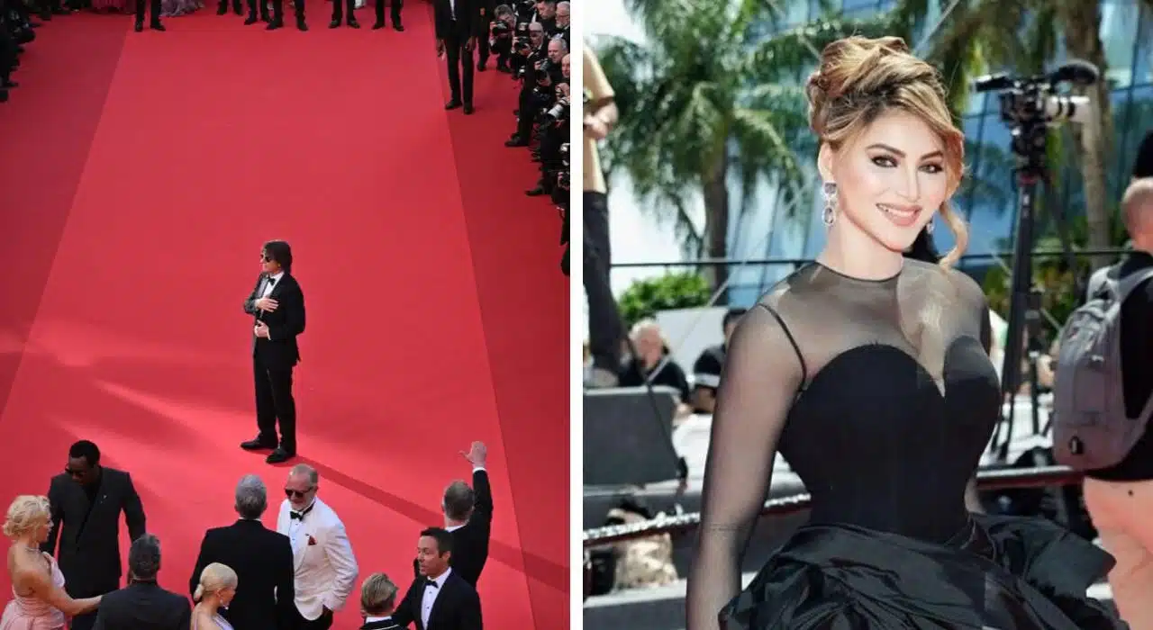 Urvashi Rautela faces a wardrobe malfunction at Cannes in black taffeta couture gown