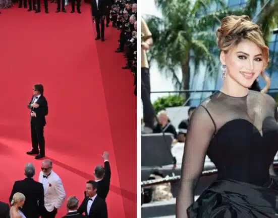 Urvashi Rautela faces a wardrobe malfunction at Cannes in black taffeta couture gown