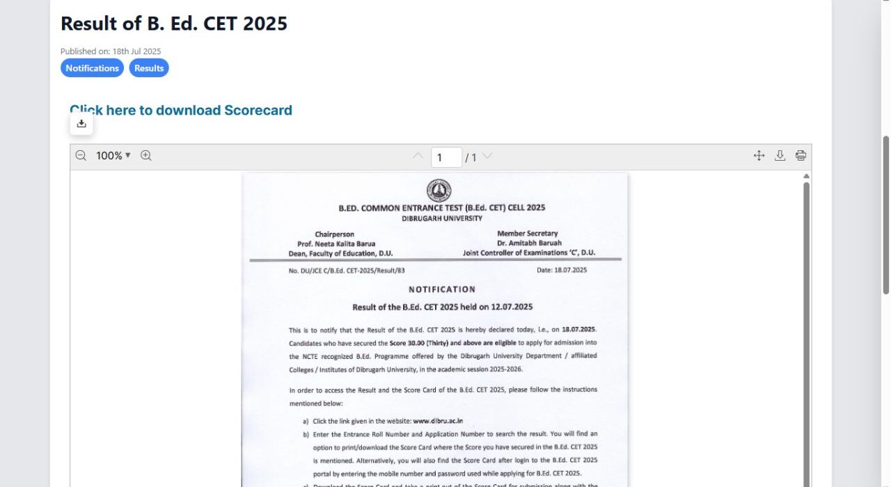 Dibrugarh University BEd CET Results 2025 Out, Check Semester Wise Marks