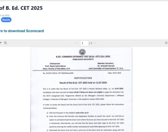 Dibrugarh University BEd CET Results 2025 Out, Check Semester Wise Marks