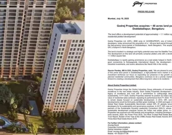 Godrej Properties enters in Bengaluru Real Estate: Buy 48-acre land parcel in North Bengaluru
