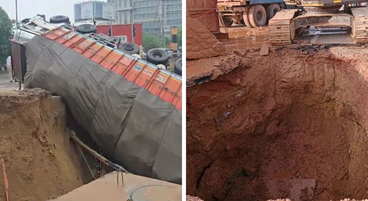 Gurugram Road Collapsed Due to Heavy Rain: Truck fall into big Crater