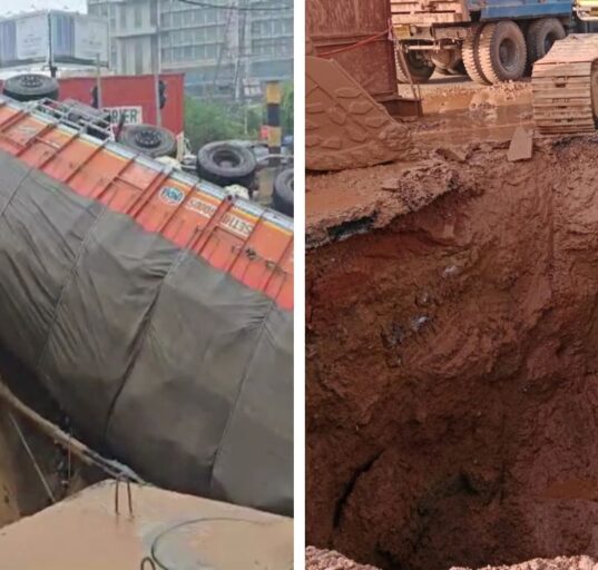 Gurugram Road Collapsed Due to Heavy Rain: Truck fall into big Crater
