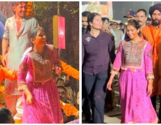 Radhika Merchant style Bandhani Suit during Ganpati Visarjan, showers flower petals on husband