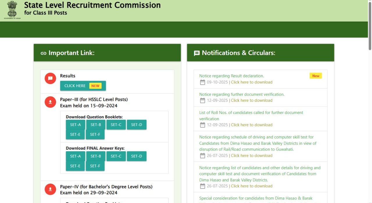 Assam SLRC Declares ADRE Grade III Results for 7,650 Posts