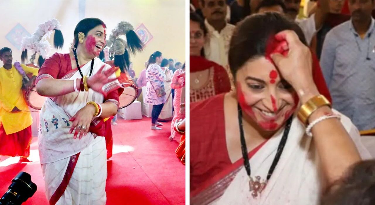 Smriti Irani performs Dhunuchi Naach in Durga Puja pandal at Delhi