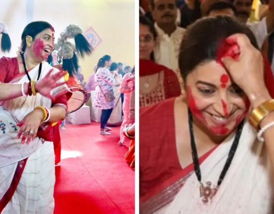 Smriti Irani performs Dhunuchi Naach in Durga Puja pandal at Delhi