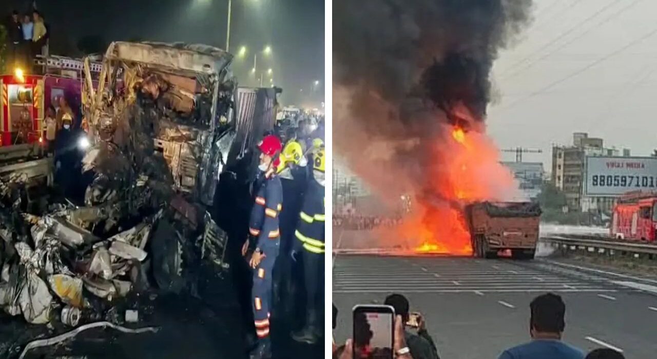 Car Crushed between two container trucks near Navale bridge in Pune, 7 Killed