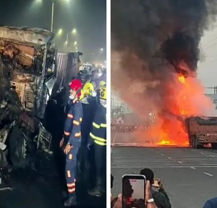 Car Crushed between two container trucks near Navale bridge in Pune, 7 Killed