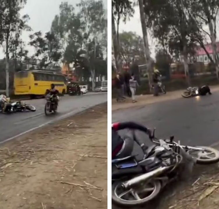 Black Magic or Negligence? Multiple Bikes Skid on UP’s Amroha Road, 20 Injured as Video Goes Viral