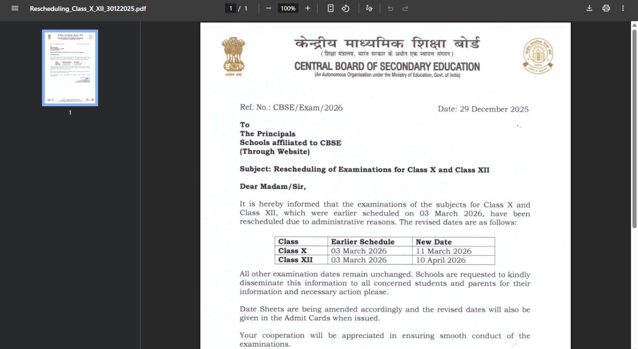 CBSE Announces Revised 2026 Board Exam Dates for Class 10 and 12