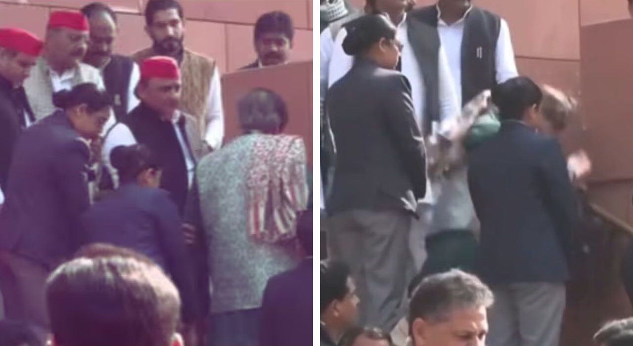 Akhilesh Yadav Helps Shashi Tharoor After Parliament Stairs Slip
