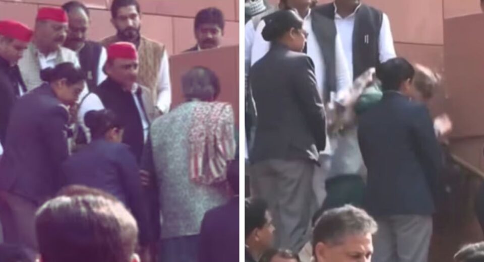 Akhilesh Yadav Helps Shashi Tharoor After Parliament Stairs Slip