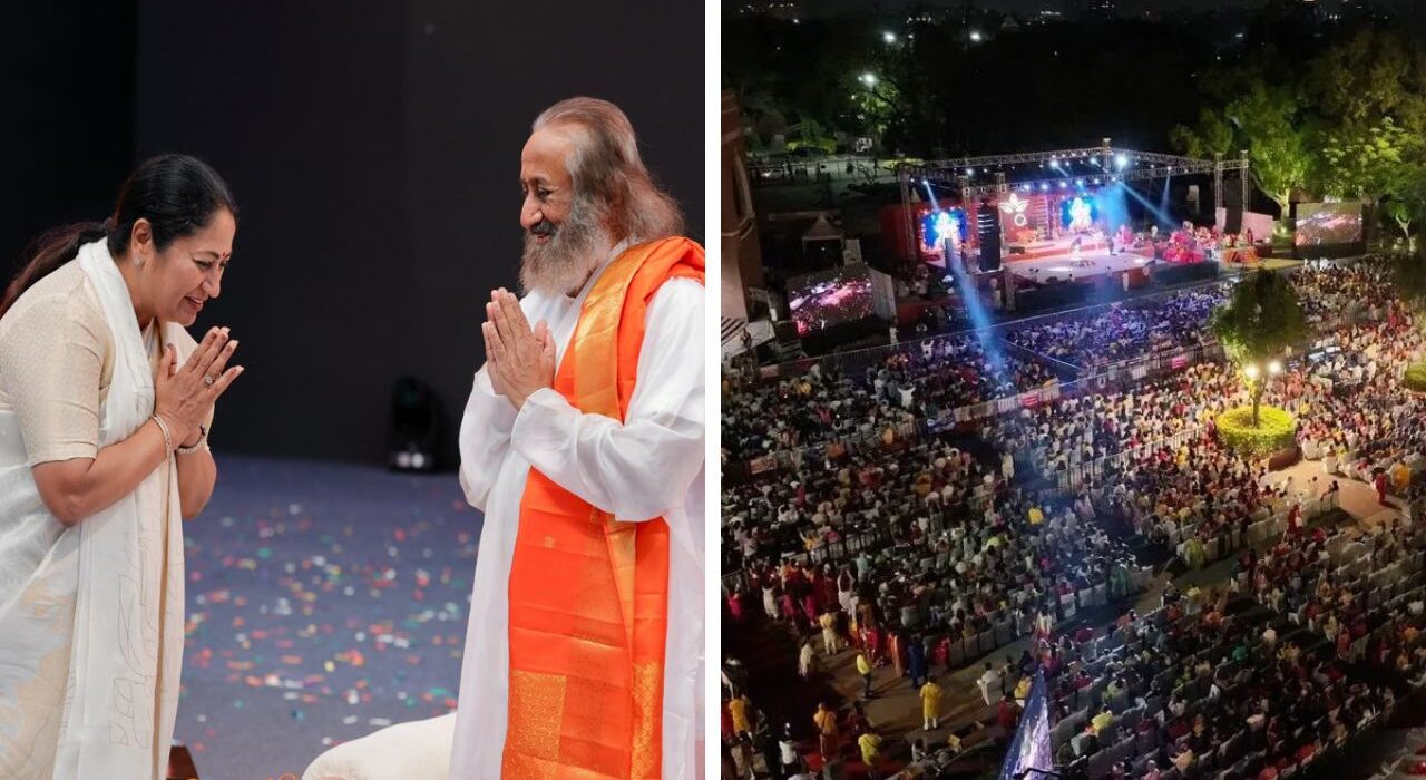 Delhi CM Rekha Gupta Joins Sri Sri Ravi Shankar at Massive Bhajan Event