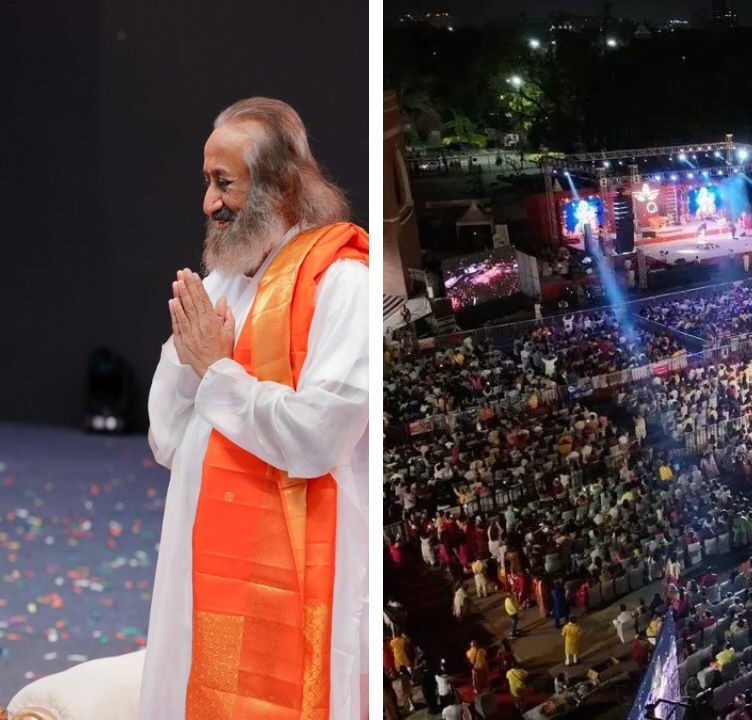 Delhi CM Rekha Gupta Joins Sri Sri Ravi Shankar at Massive Bhajan Event