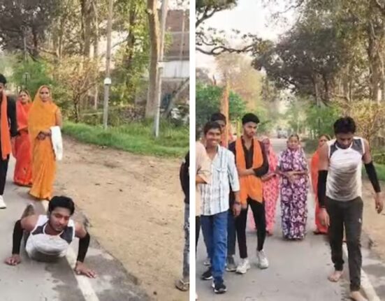 Man completes 9km prostration pilgrimage seeking solace after divorce, inspiring others with his dedication and spiritual journey.