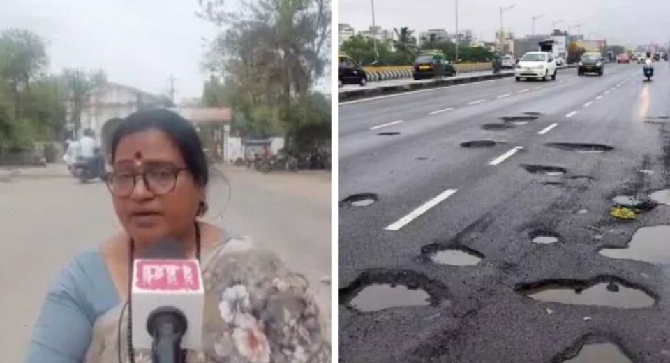 BJP Councilor Aparna Patil Protests on Pothole-Filled Road in Gwalior's BasantVihar, Madhya Pradesh