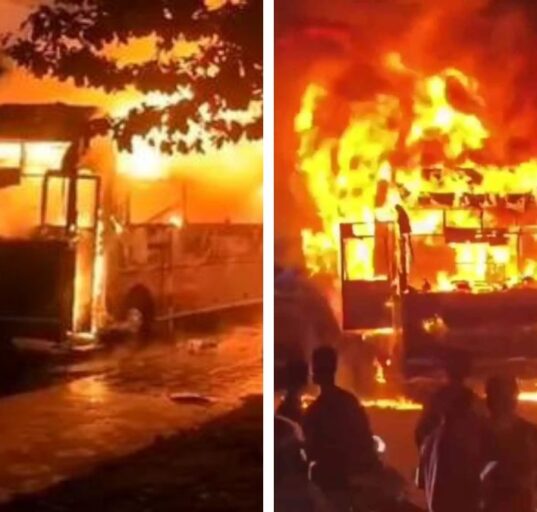 Private bus traveling from Hyderabad to Palakollu catches fire near KPHB Colony in Hyderabad