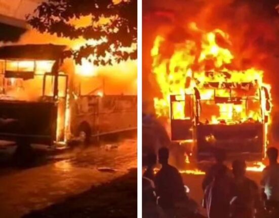Private bus traveling from Hyderabad to Palakollu catches fire near KPHB Colony in Hyderabad