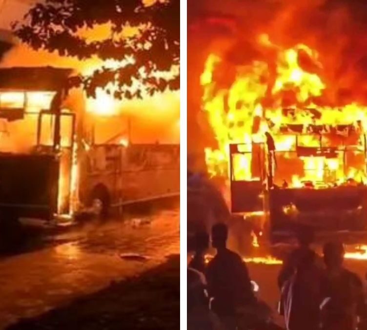 Private bus traveling from Hyderabad to Palakollu catches fire near KPHB Colony in Hyderabad