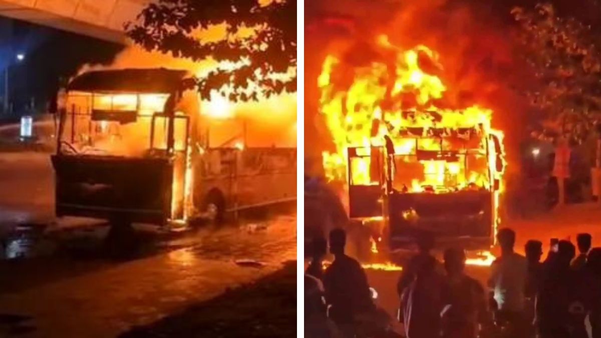 Private bus traveling from Hyderabad to Palakollu catches fire near KPHB Colony in Hyderabad