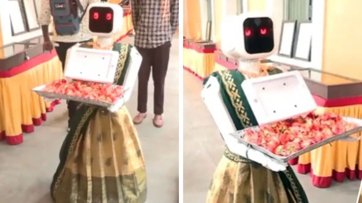 Saree-Clad Robot Nila Greets Voters in Puducherry Elections