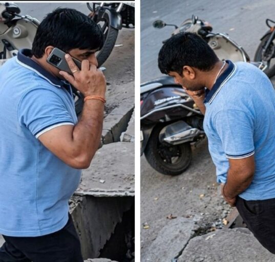 Shop Owner Falls into Open Drain as Gutter Cover Collapses on Gujarat Highway