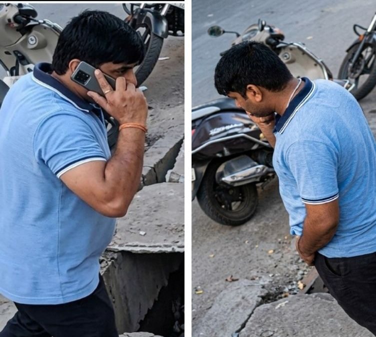 Shop Owner Falls into Open Drain as Gutter Cover Collapses on Gujarat Highway