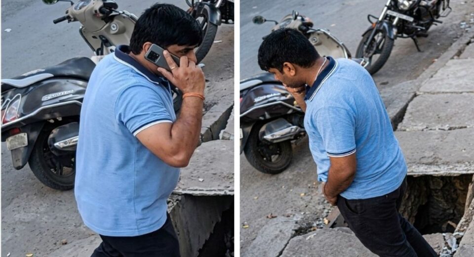 Shop Owner Falls into Open Drain as Gutter Cover Collapses on Gujarat Highway