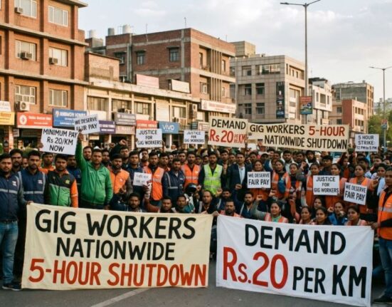 Gig workers demanding a minimum pay of ₹20 per km and 5 hour national shutdown