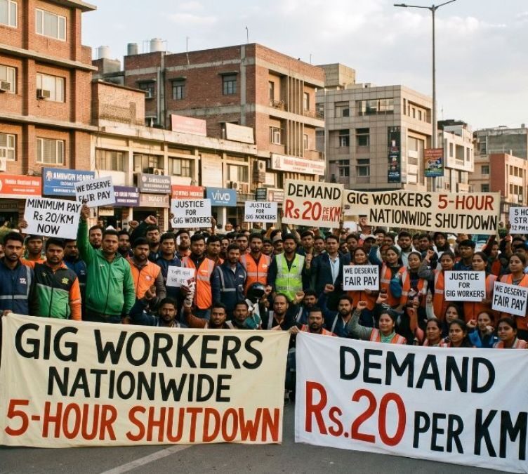 Gig workers demanding a minimum pay of ₹20 per km and 5 hour national shutdown